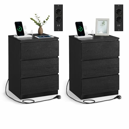 VASAGLE Kailyn Colección - Mesita de Noche con Estación de Carga, Juego de 2, Mesa Auxiliar con 3 Cajones, 2 Tomas AC, 2 Puertos USB, Salón, Dormitorio, Estudio, Negro Ébano LET831B56V2
