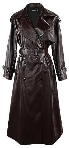 Dninmim Gabardina De Cuero Sintético Sólido Para Mujer, Cinturón, Doble Botonadura, Cortavientos Largo, Chaqueta Informal Holgada brown M