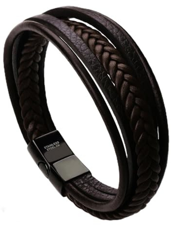 Murtoo Brown Cowhide Genuine Leather Unisex Cuff Wrap Bracelet - Multi-Layer Magnetic Clasp Rope Wristband (7.5'')