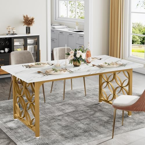 Tribesigns Esstisch, 160 cm Moderner Marmor-Esszimmertisch für 6 Personen, rechteckiger Küchentisch mit goldenem Metallgestell für Küche, Esszimmer (Weiß und Gold)