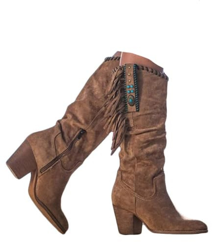 ticticlily Bottes Femme Hiver à Franges Epaisses Bottes à Talons Haut Fête Chaussures au Genou Marron 40 EU