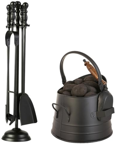 5 Piece Fireplace Accessories Set - Coal Scuttle Kindling Bucket & 4pc Fireside Companion Set Recycled Iron Matte Black Hearth Tidy Fireplace Tools Log Fire Accessories (Tools & Coal Scuttle)