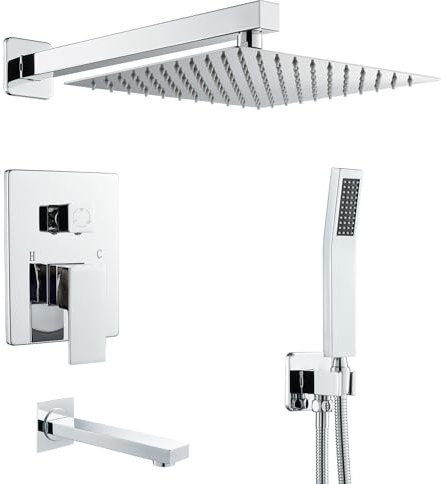 KINKIBOS Concealed Shower System Wall Mounted, 3-Function Shower System with 10 Inch High Pressure Rainfall Shower Head, Handheld Shower and Bath Spout, Brass Shower Mixer Set, Chrome