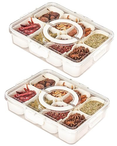 Les-Theresa 2PCS Divided Spice Container, Divided Serving Tray with Lid Snack Platters, Snack Trays with Compartments Seasoning Box for Spices, Candy, Fruits, Nuts, Snacks, for Party, Picnic (2)