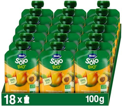 Hero Solo Bio Bolsitas Manzana Melocotón y Mango Desde 6 Meses, 18 x 100 g | Merienda ecológica de fruta, Sabor exótico natural, Baby, Sin gluten, Sin aceite de palma, Sin azúcares añadidos
