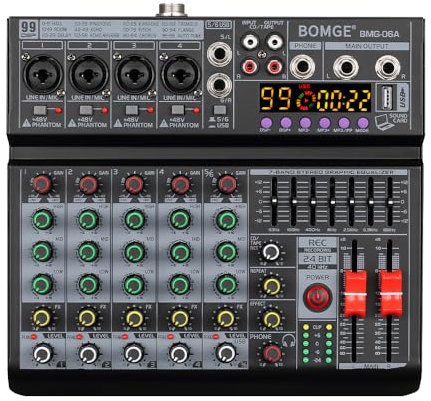 BOMGE Mixer audio DJ professionale a 6 canali 06A, mixer audio controller DJ con 99 effetti DSP, equalizzatore a 7 bande indipendente 48 V Bluetooth interfaccia registrazione USB per registrazione in