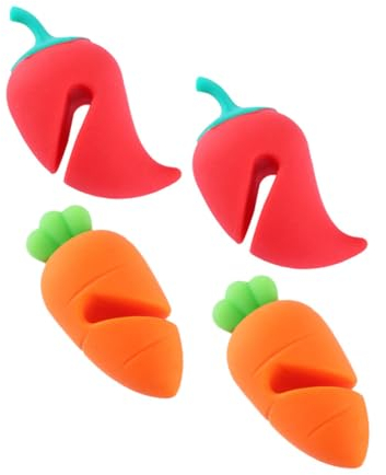 Hoement 4pcs Silicone Pot Lid Lifters and Spill Stoppers Heat Resistant Kitchen Pot Lid Stands Carrot and Chili Design Anti-Boil Over Holders for Home Cooking