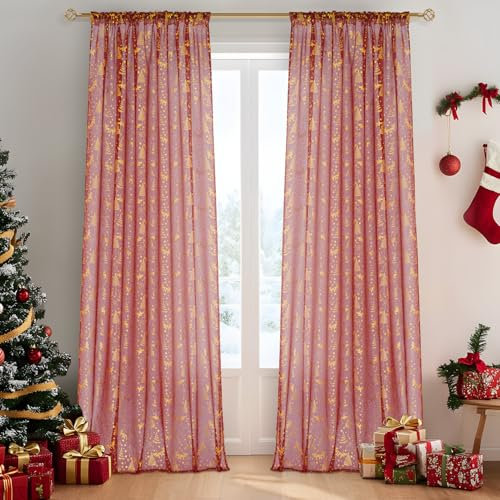 MRTREES tende natalizie tenda rossa con nastro a balze tende di Natale soggiorno moderno con motivi dorati di alce di Natale,neve di Natale e albero di Natale tenda con nastro a balze 245x140