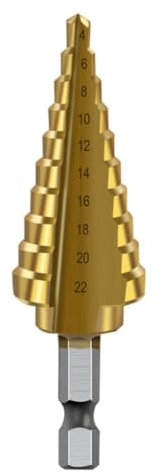 HRLORK Step Drill Bit 4mm-22mm Cone Drill Bits Hole Cutter Titanium Coated Hard Metal Spiral for Wood Drilling- 1 Pcs