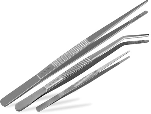 Profi Grillpinzette Grillzangen Set Kochpinzetten 3er Set Klein Mittel Lang | Küchenwerkzeug Edelstahl Bratzangen gerade und gebogen Präzise Spitzen mit Innenverzahnung