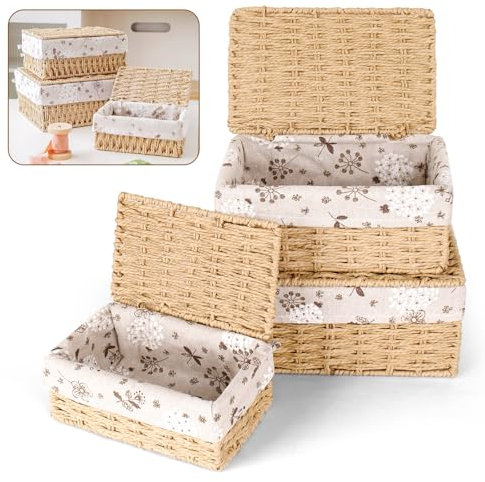 JiangLin Set di 3 Cestini Portaoggetti con Coperchio in Corda di Carta Intrecciata a Mano, Cesto Vimini Intrecciato a Mano con Fodera, Cestino Organizzazione Eco-Compatible per Bambini, Cucina, Bagno