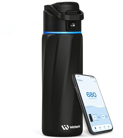 WATERH BOOST - Botella de agua inteligente con recordatorio y rastreador, botellas de acero inoxidable con aislamiento al vacío de doble pared, 710 ml, Negro