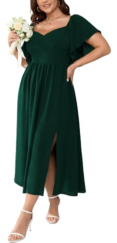 SCOMCHIC Damenkleider in Übergröße, kurzärmelig, Herzausschnitt, Hochzeitsgäste, Cocktailkleid, gesmokt, A-Linie, Schlitz, Maxikleid, Smaragdrün, X-Large Mehr