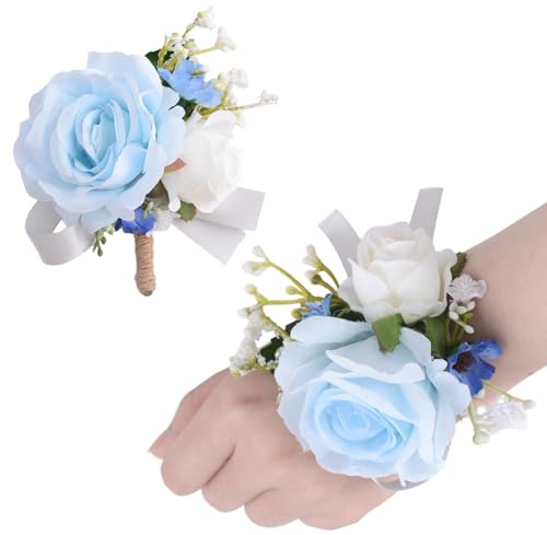 URROMA Set mit Blume und Ansteckblume für Handgelenk, 2 Stück, hellblaue Rosen, Hochzeits-Korsage, künstliche Blume, Armband, Perlenarmband für Bankett, Abschlussfeier, Abschlussball