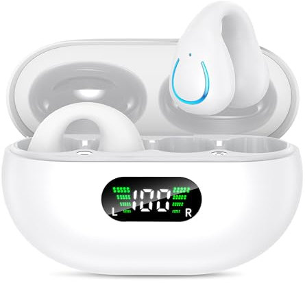 EUQQ Bone Conduction Headphones Wireless Earbuds - Comfort Open Ear Headphones, Clip On Bluetooth 5.3 Ear Buds with LED Charging Case, Built-in Microphone HIFI Sound Running Earphones, White