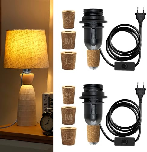 2 Pezzi E14 Portalampada per Bottiglia, 240CM Cavo Porta Lampada con Interruttore, Nero Lampada per Bottiglia con 3 Tappi di Sughero, DIY Lampada da Tavolo Kit per Bottiglie di Diversi Calibri