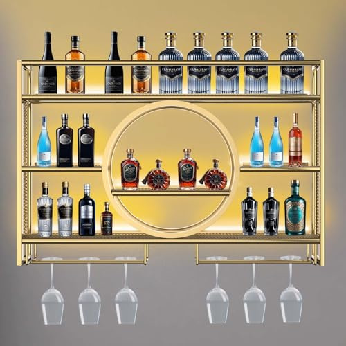 Metal Wine Rack Wall Mounted with LED Light, 3-Tier Bar Liquor Shelf with Wine Glass Holder, Modern Large Capacity Liquor Bottle Display Storage Shelf for Home Bar, Dining Room(Gold, 120 * 80 * 15)