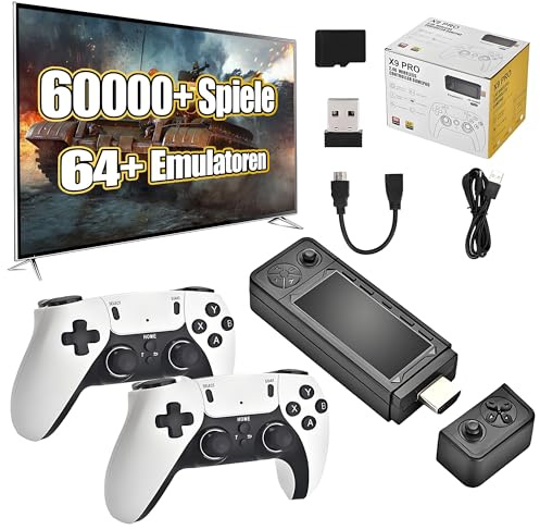 X9 Pro Retro Spielstick 4K mit 2 x 2.4G Wireless Controllern, Vorinstallierte Spielekonsole 60000+ Klassiker 64+ Simulatoren, Plug and Play Retro TV Spiele (256G)