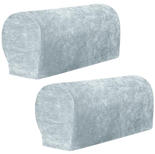 XIEHUZA 1 Pair Chenille Stretch Armrest Covers, Skin-Friendly Arm Covers Protectors for Sofa Couch Chairs Recliner, Non-Slip Armchair Slipcovers with Twist Pins (Gray)