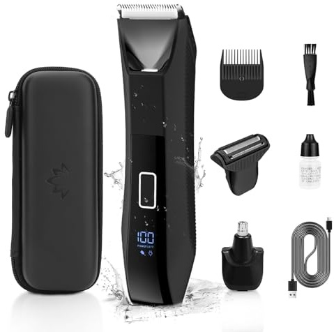 Ellasasuxi Manscape Body & Pubic Hair Trimmer for Men 3-in-1,Nose/Ear Trimmer,Groin & Ball Trimmer Men IPX7 Waterproof,Rechargeable Electric Razor Body Shavers with Ceramic Blades,LED Light