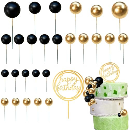 27PCS Black & Gold Cake Toppers Set – Happy Birthday Cake Topper – Elegant Birthday Party Decorations for Men, Women & Kids – Reusable Cake Picks for Celebrations