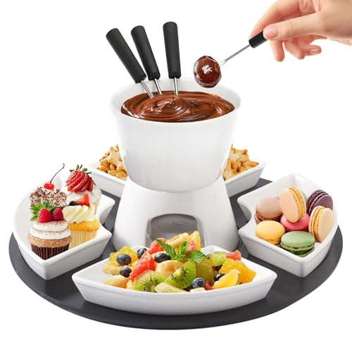 BOUFEIDA Keramike Schokofondue Set, Käsefondue Sets mit Holzpalette 4 Gabeln 4 Tellern Schoko, Nicht elektrisches Fondue Set, für Familienessen, Nachtisch, Süßigkeiten, Butter Käse