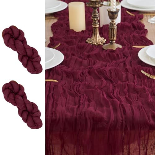 LUKDUNG 2 Stück Tischläufer, Seihtuch Tischläufer, Boho Gaze Stoff Käsetuch, Rustikaler Tischdecke für Hochzeitsdeko Tischdeko, 90 x 300 cm (Weinrot, 90 x 300 cm, 2 Stück)