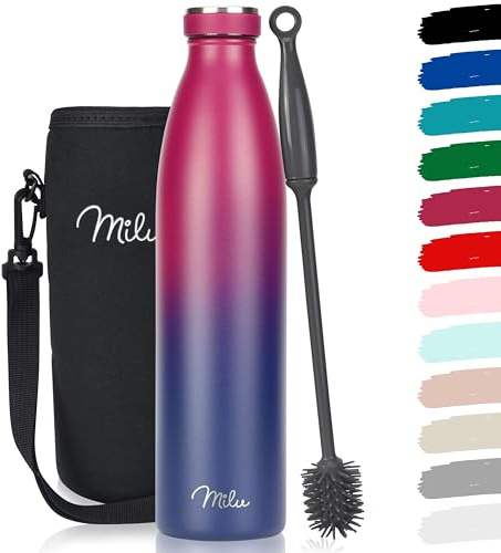 Milu - Thermo in acciaio inox da 350/500/750/1000ml/1,5L borraccia termica, a prova di perdite, a doppia parete, adatta per bevande gassate, con spazzola per la pulizia (Blu Bacca, 1000ml)