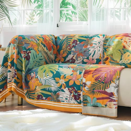 Wotcsil Plaid Divano Cotone Floreale Coperta Boho per Divano Coperta Cotone Singolo Copriletto 150x200cm, Malva-Verde