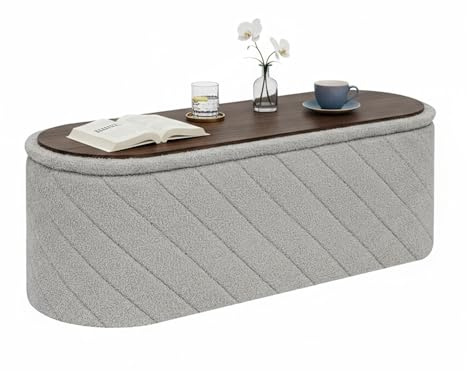 Bonlife Oval Ottoman with Storage Bench, Folding Foot Rest with Lid, 110cm | Boucle End of Bed Bench,Foostool for Living Room,Bedroom,Entryway,Grey,110x38x38cm