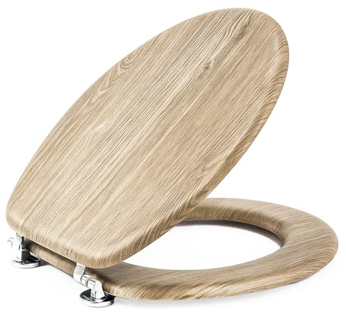Toemics Wood Effect Toilet Seat Soft Close MDF Veneer with Quick Release Hinges Easy to Clean and Install Universal fit Oval Design for Modern Bathroom (Oak)