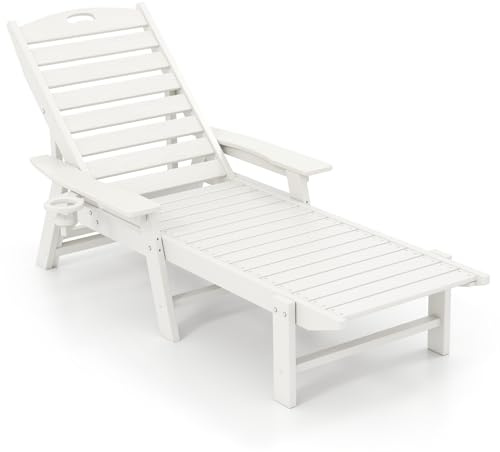 COSTWAY Sonnenliege wetterfest Kunststoff, Gartenliege mit Getränkehalter, Armlehnen & Verstellbarer Rückenlehne, Liegestuhl aus HDPE, Terrassenliege für Garten, Terrasse, Poolbereich, Weiß