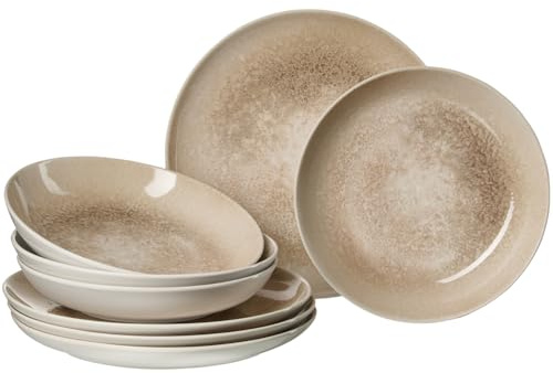 Ritzenhoff & Breker Savora Tafel-Set 8-teilig für 4 Personen – Modernes Geschirr aus Steinzeug im Used-Look – Spülmaschinenfest & Mikrowellengeeignet – Speiseteller & Suppenteller in Sandfarben
