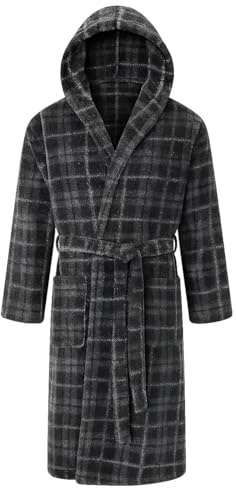 Adore Home Mens Hooded Fleece Dressing Gown Soft Cosy Warm Bathrobe Hood, Check Grey, L-XL