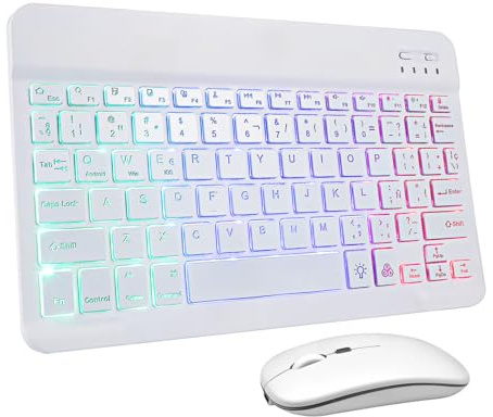 VERDANVERSE Teclado Inalámbrico Blanco de 10 Pulgadas con Retroiluminación | Ratón Recargable con Pegatinas en Español, Conexión para Móvil y Tableta, Uso Doméstico y Oficina