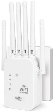 AOOSU WiFi-repeater, AC1200 WiFi-signalförstärkare, 5 GHz och 2,4 GHz Dual Band Repeater med 6 externa antenner, Wi-Fi-förlängare täckning över 300 meter för kontoret, hemmet vit