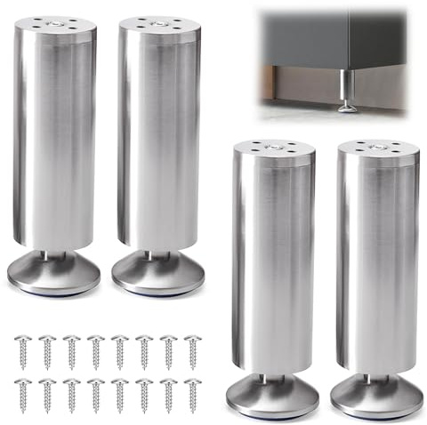 QKNOSM 4 Stück Möbelfüße Verstellbar aus Edelstahl, 12cm Höhe Schrankfüsse Sofa Füße 7mm Verstellbar Runde Möbelbeine mit 16 Stück Schrauben für Schrank Bettfüße Tischbeine Möbelerhöhung