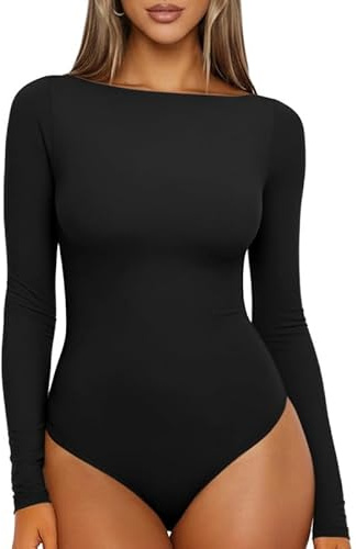 Sukiglam Body Donna Maniche Lunghe Scollo a Barchetta Bodysuit Top Elegante Basic Body Intimo Aderente Elasticizzato Camicia Body Sottogiacca Leggero Morbido Casual T-Shirt Manica Lunga per Layering