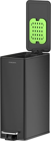 EverGrove 10 L Edelstahl-Treteimer, 14 cm breit, fürs Bad, Matte Black | Nur 14 cm breit: mit Absenkautomatik und herausnehmbarem Inneneimer für Bad, WC und schmale Nischen.