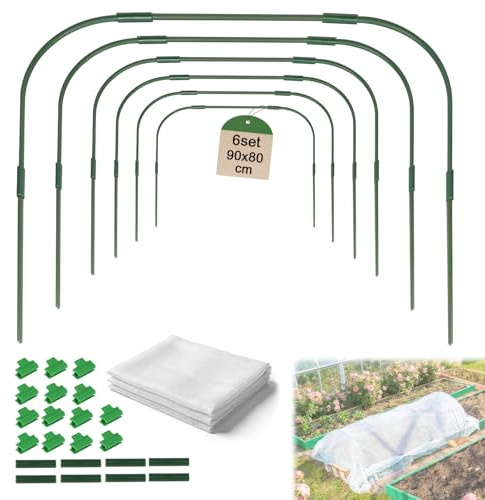 EXLECO Polytunnel Plant Protection Set 80 x 90 cm Greenhouse with Insect Protection Net Retaining Clips, Metal Plant Tunnel Arches for Raised Bed Cover Cold Frame Tunnel for Garden Foil Greenhouse