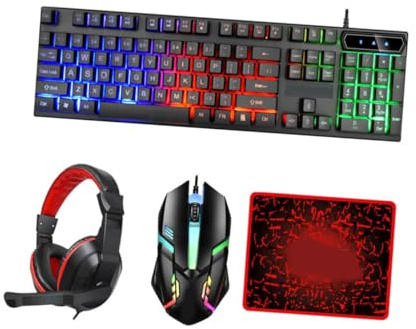 Uonlytech Clavier Souris Gaming Rétroéclairé avec Casque et Tapis Souris Antidérapant Confort Ergonomique pour PC et Bureau