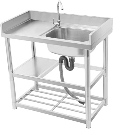 Fregadero de cocina independiente, 90 x 50 x 80 cm, acero inoxidable con grifo y superficie de almacenamiento, 1 lavabo, fregadero de cocina comercial, lavabo portátil para exterior, interior, cocina