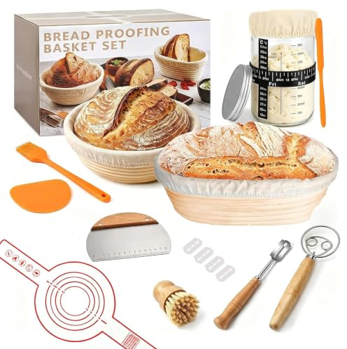 Sauerteig Starter Set mit 2 Gärkörbchen (rund 23 cm & oval 25 cm) | Glasgefäß Teigschaber Leineneinsatz Teigrührer & Broschüre, Professionelles Brotbackzubehör für Anfänger & Profis