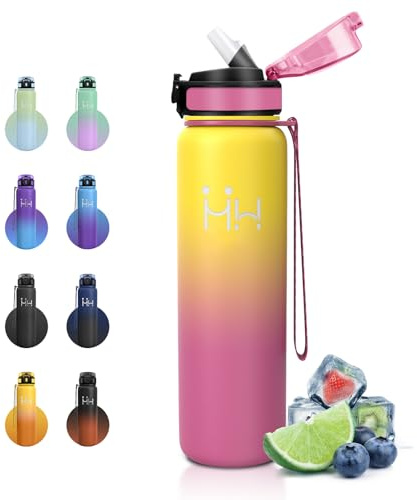 JAPORIA Gourde Isotherme 1L, Gourde Inox avec Paille, Double Paroi Isolante, Étanche et sans BPA, Réutilisable, Bouteille pour Bureau, Camping, Activités de Plein Air