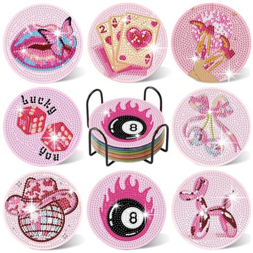 YarnWhimsy 8PCS Pink Disco Diamond Art Coasters Set with Holder & Cork Pads | Funny Vintage Diamond Painting Coasters, DIY Round Full Drill Arts and Crafts for Adults, Crystal Gem Art for Coffee Drink