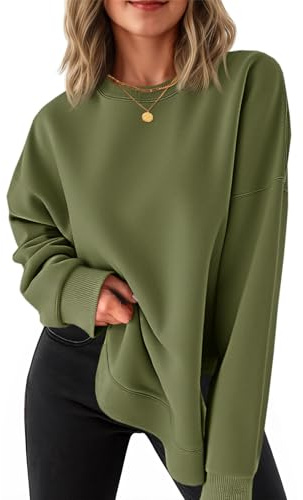 Fisoew Damtröja, rund hals, långärmade tröjor, sidor, slits, långärmade tröjor, elegant baströja, lös tunika, toppar, lediga toppar, Armégrön, L