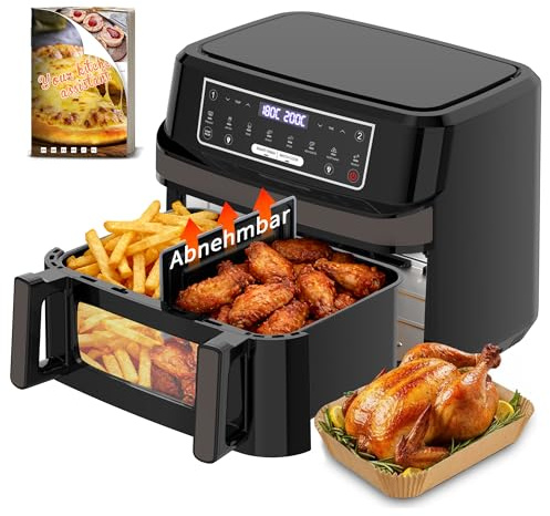 Emphsism Heißluftfritteuse 12L XXL - Airfryer 2 Kammern Variable Flex-Zone, Separate Temper 200 Grad Heissluftfritteuse Doppelkammer, 8-in-1 Air Fryer Groß Sichtfenster & Innenlicht Rezept für Familie