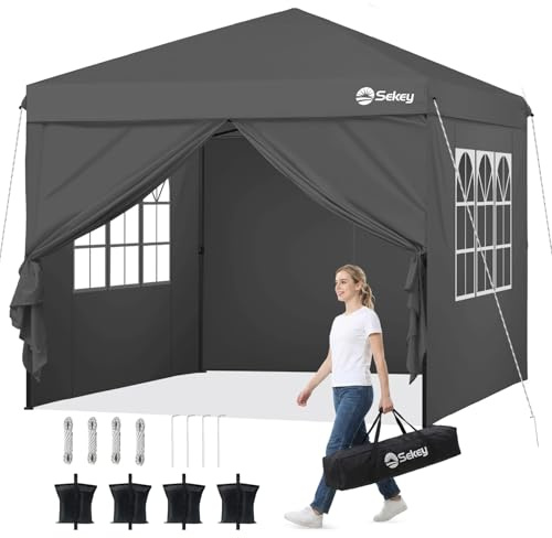 Sekey Pop Up Pavillon 3x3 Wasserdicht Stabil, Faltpavillon 3m x 3m mit Seitenwänden, Partyzelt Faltbar für Camping Party, Stufenlos Höheverstellbar 250 bis 270cm (Anthrazit, 3 x 3 m)