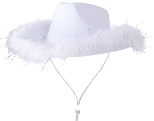 P'TIT CLOWN - 21302 - Cowgirl-Filzhut mit glänzenden Federn - Glimmer-Cowboyhut für Damen - Western-Look, Country, Far West, Rodeo, Festival, Karneval, EVJF, Halloween, Party - Erwachsene - Weiß