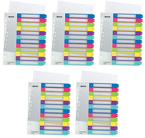 Leitz Register für A4, PC-beschriftbares Deckblatt und 12 Trennblätter, Taben mit Zahlenaufdruck 1-12, Überbreite (1-12 Taben, 5x Mehrfarbig)